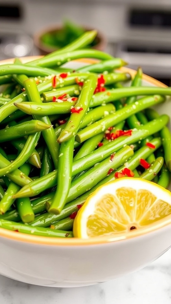 Quick Air Fryer Green Beans Recipe A bowl of perfectly cooked air fryer green beans, garnished with garlic and red pepper flakes, with a lemon wedge.